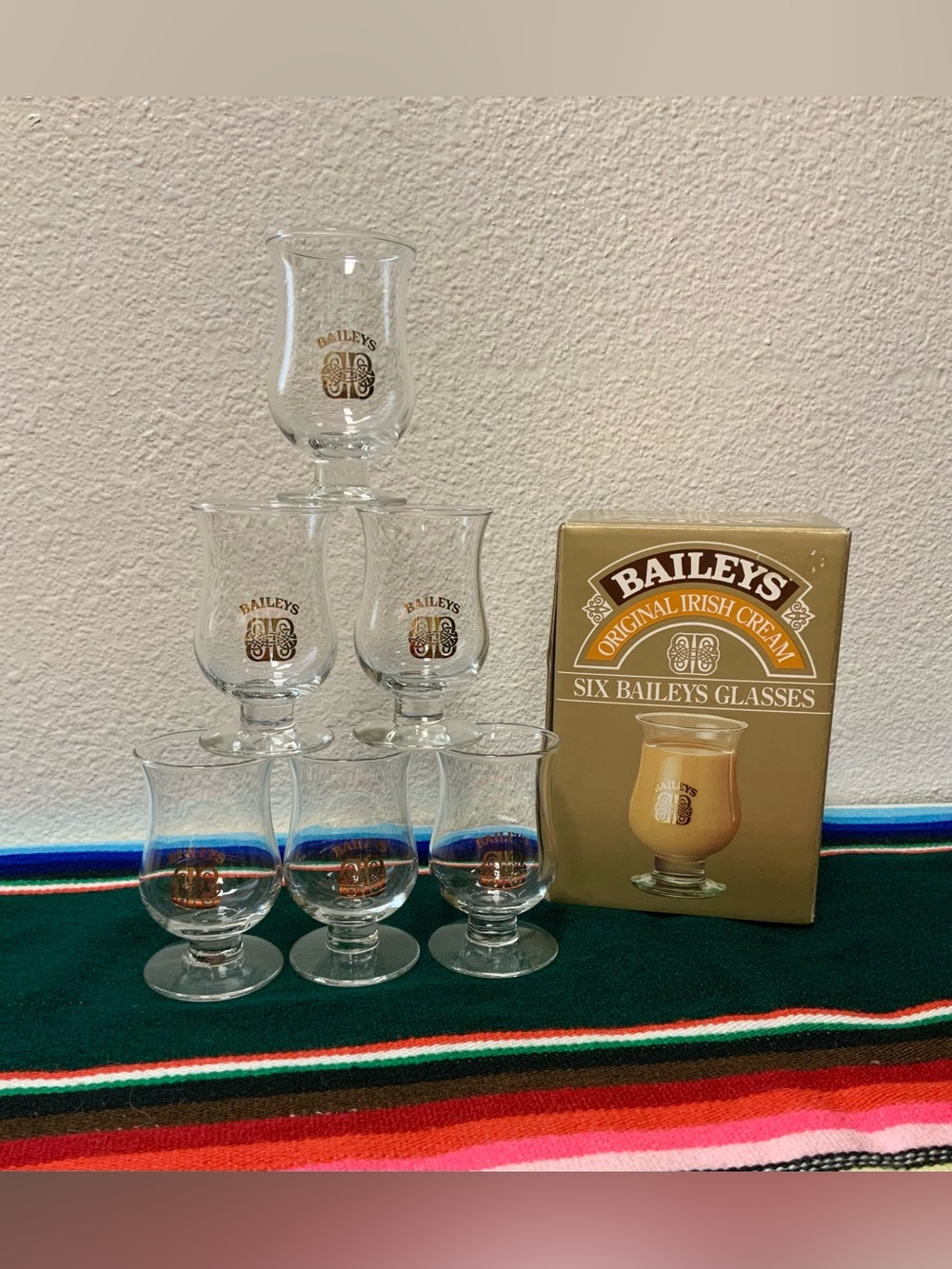 Vintage Baileys Irish Cream Shot Glasses Tulip Shaped Set of 6 with Box 1970s